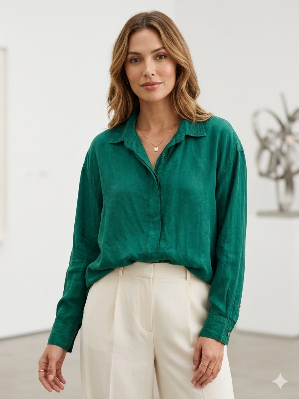 Express 100% Pure Silk Dark Green Long Sleeve Button Down Shirt Women's Small